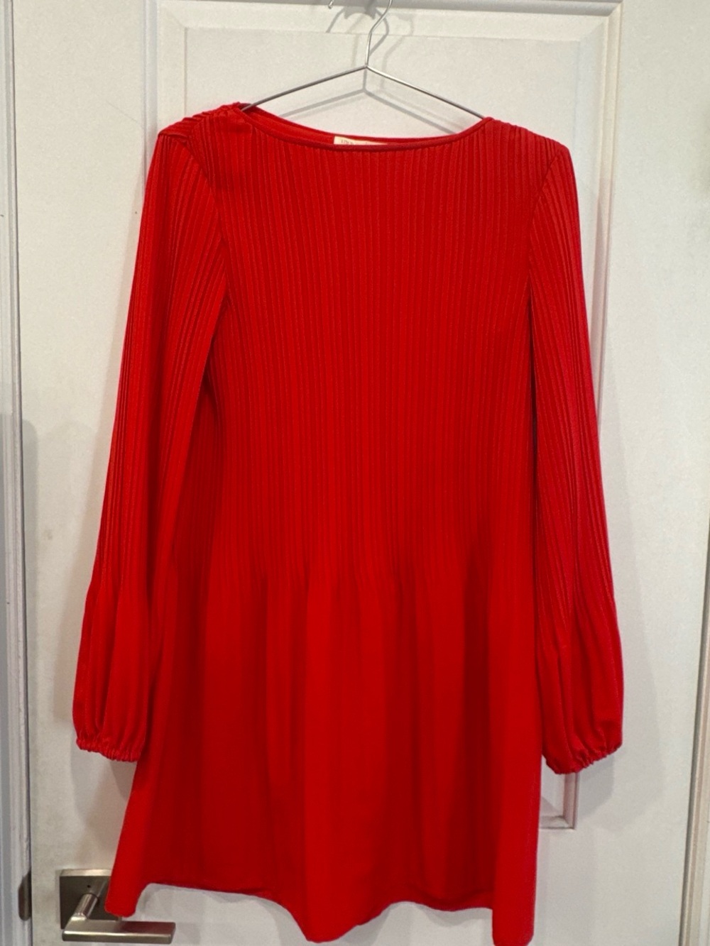 Maje Red Pleated Long Sleeve Mini Dress